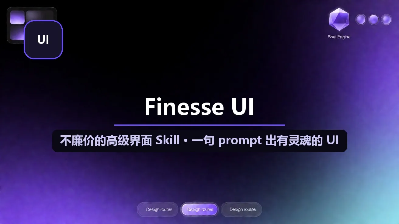 Finesse UI：给 AI 编码助手的「不廉价高级界面」设计 Skill（mouse-lin/finesse-skill · 671★ · 四条路线 · 跨工具） 封面