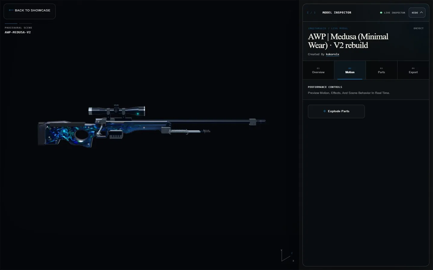 官方 demo「AWP Medusa」皮肤（demo id: awp-medusa-v2）· 过程式 Three.js 代码生成，非下载的网格