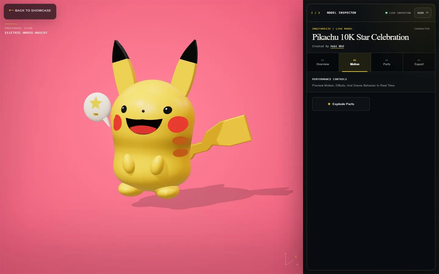 官方 demo「Pikachu 10K Star Celebration」（demo id: electric-mouse-mascot）· 本地 vite 无头浏览器真渲染，可拖拽旋转；左侧标着 PROCEDURAL SCENE，右侧 Model Inspector 能看 Motion/Parts/Export