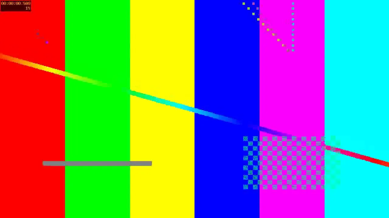 实跑 render.mp4 第 0.5s 帧 · 轨道1（testsrc2 彩色条纹）