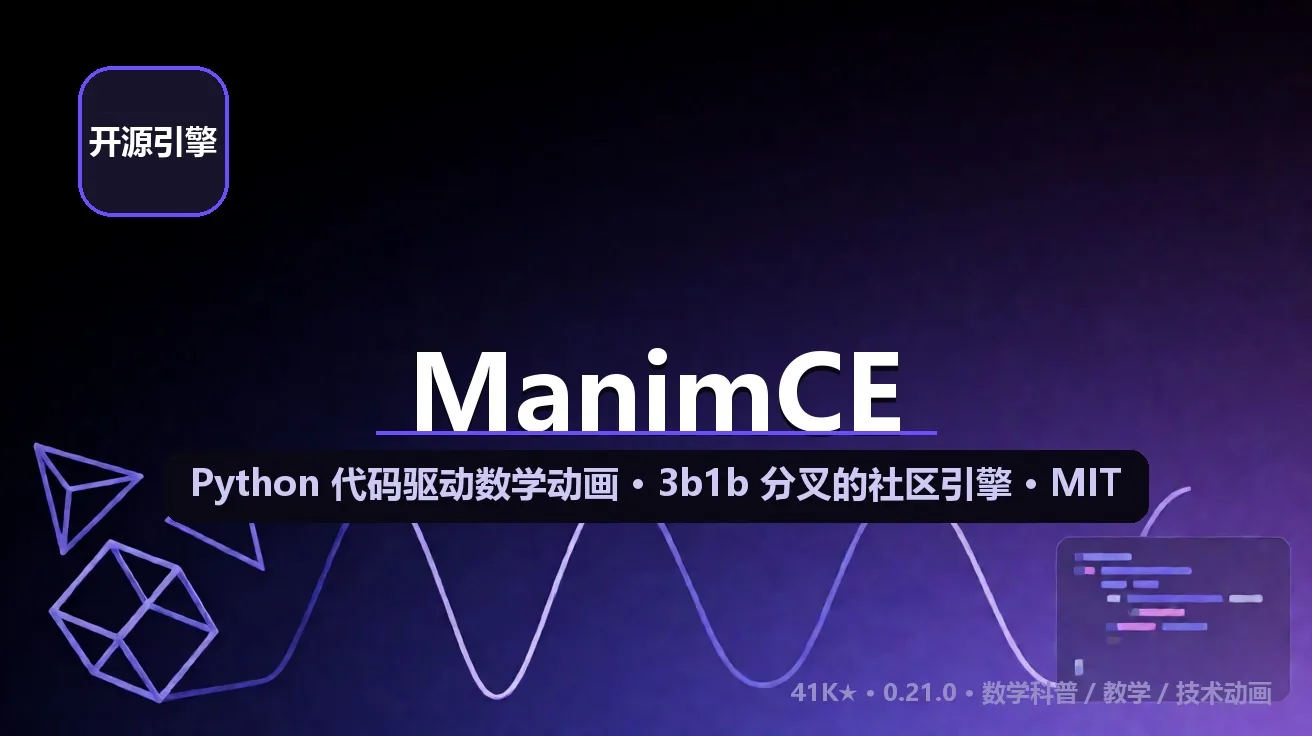 ManimCE 企业级项目速览：41K★ 社区引擎，0.21.0 真跑才踩得到的 4 个破坏性坑 封面