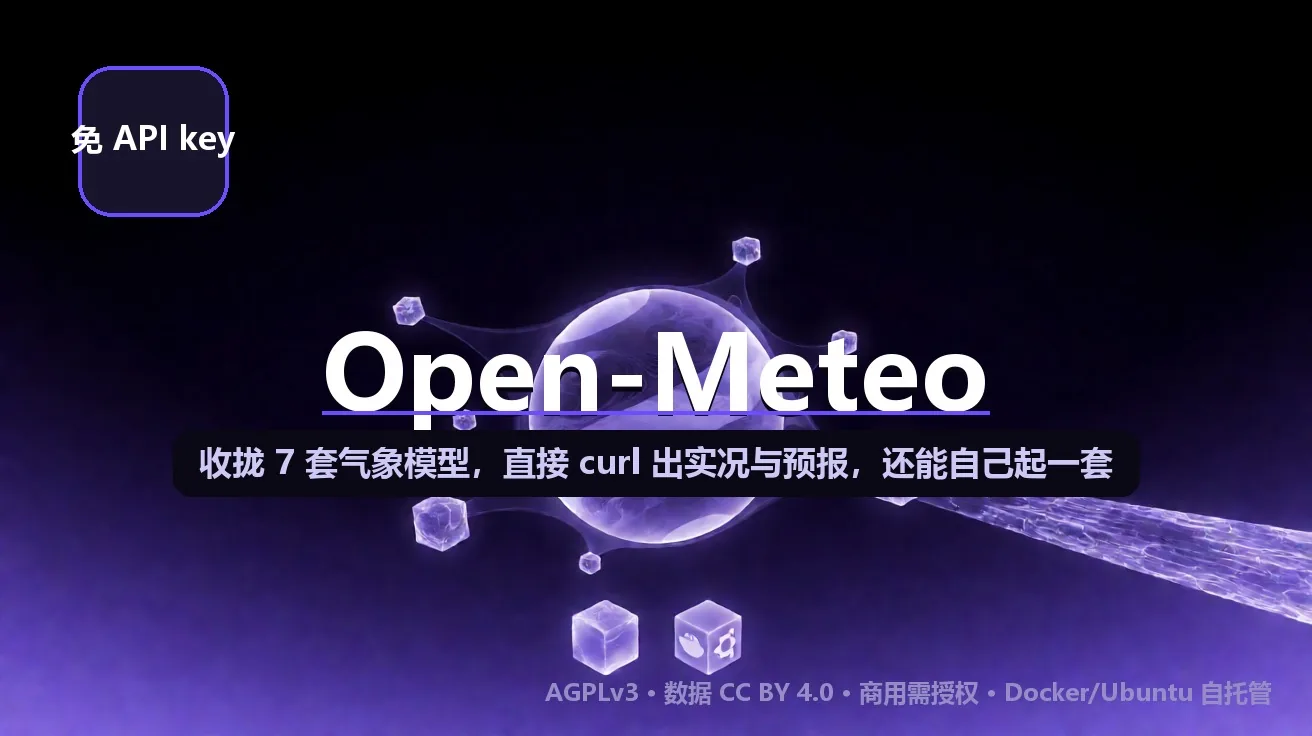 Open-Meteo：免 key 的开源天气 API——我直接 curl 出实况和预报，还能用 Docker 自己起一套 封面