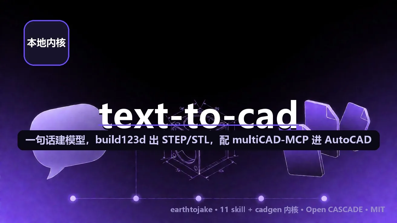text-to-cad：给 Agent 装上 CAD 手——自然语言建模型，build123d 出 STEP/STL，配 multiCAD-MCP 进 AutoCAD 封面