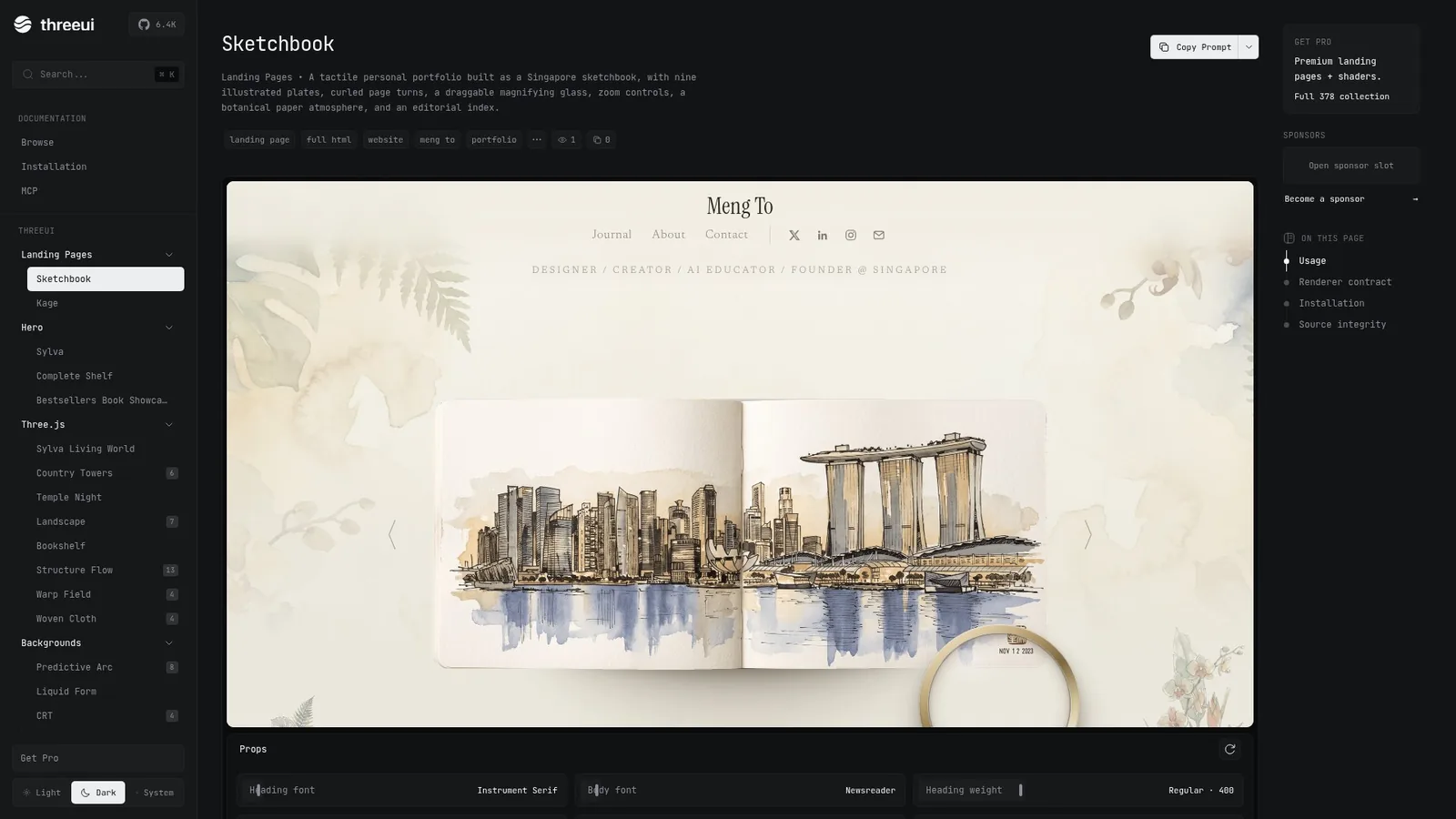 ThreeUI 组件详情页 · Sketchbook「新加坡手绘作品集」3D 场景（可拖拽旋转）实跑渲染 1920×1080